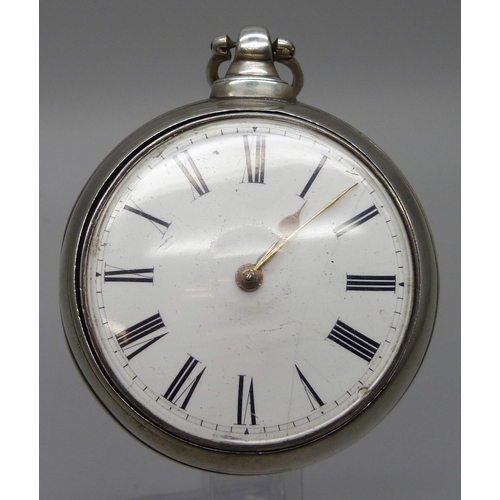 7277 - A pair cased silver pocket watch, English chain and fusee movement signed Matthew Ord, Hexham, Birmi... 