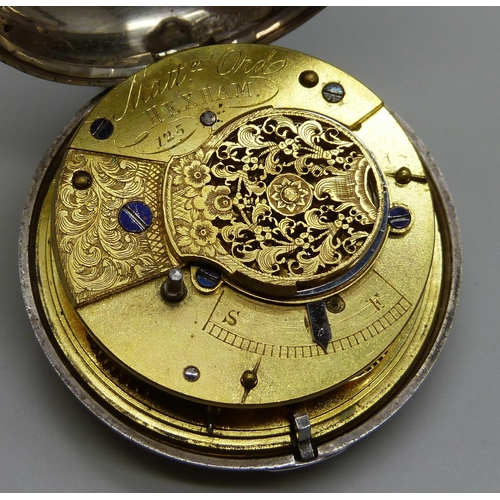 7277 - A pair cased silver pocket watch, English chain and fusee movement signed Matthew Ord, Hexham, Birmi... 