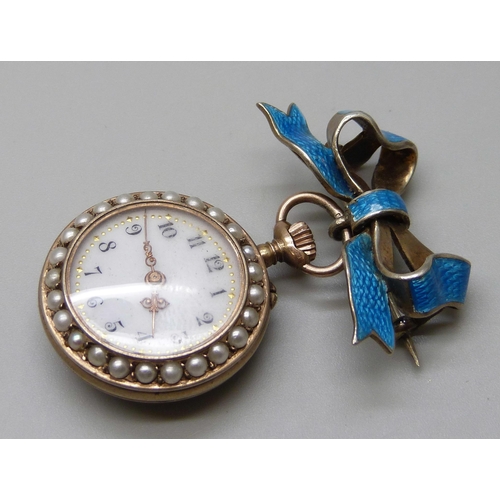 7278 - A silver gilt and split pearl pendant watch on enamelled bow clasp