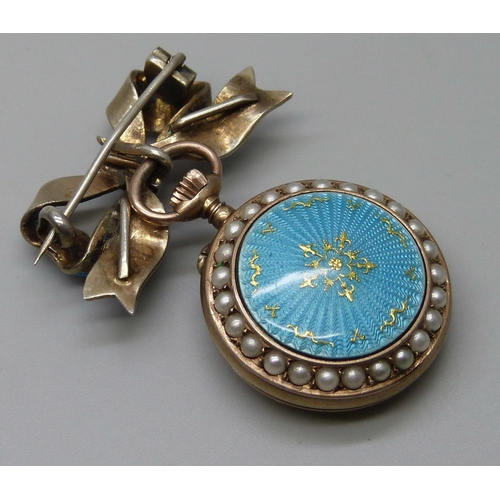 7278 - A silver gilt and split pearl pendant watch on enamelled bow clasp