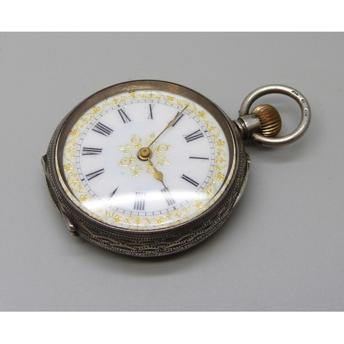 7279 - A silver open face fob watch in fitted case