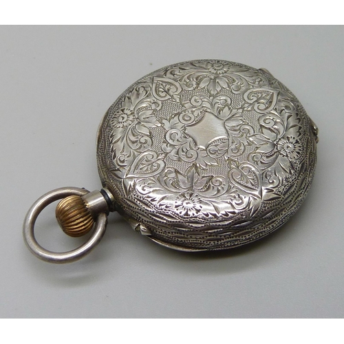 7279 - A silver open face fob watch in fitted case