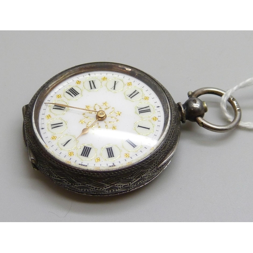 7283 - A silver open face fob watch and key