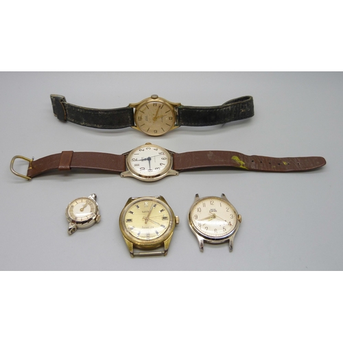 7286 - A rare Smiths Astrolon Agon gold plated manual wind wristwatch head, together with four others