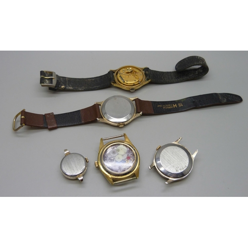 7286 - A rare Smiths Astrolon Agon gold plated manual wind wristwatch head, together with four others