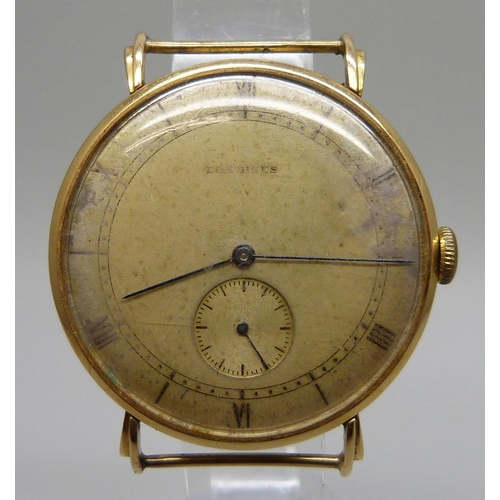 7308 - An Art Deco Longines Jumbo wristwatch head, high carat gold case, manual wind movement, lacking the ... 