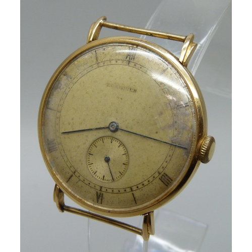 7308 - An Art Deco Longines Jumbo wristwatch head, high carat gold case, manual wind movement, lacking the ... 