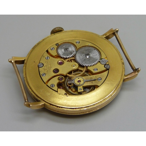 7308 - An Art Deco Longines Jumbo wristwatch head, high carat gold case, manual wind movement, lacking the ... 