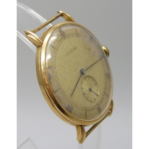 7308 - An Art Deco Longines Jumbo wristwatch head, high carat gold case, manual wind movement, lacking the ... 