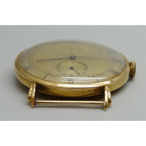 7308 - An Art Deco Longines Jumbo wristwatch head, high carat gold case, manual wind movement, lacking the ... 