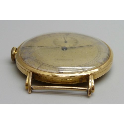 7308 - An Art Deco Longines Jumbo wristwatch head, high carat gold case, manual wind movement, lacking the ... 