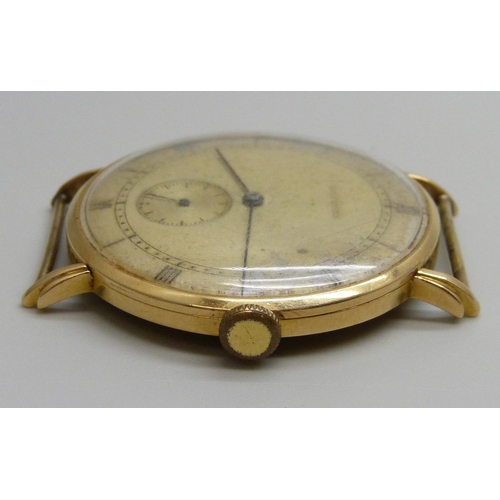 7308 - An Art Deco Longines Jumbo wristwatch head, high carat gold case, manual wind movement, lacking the ... 