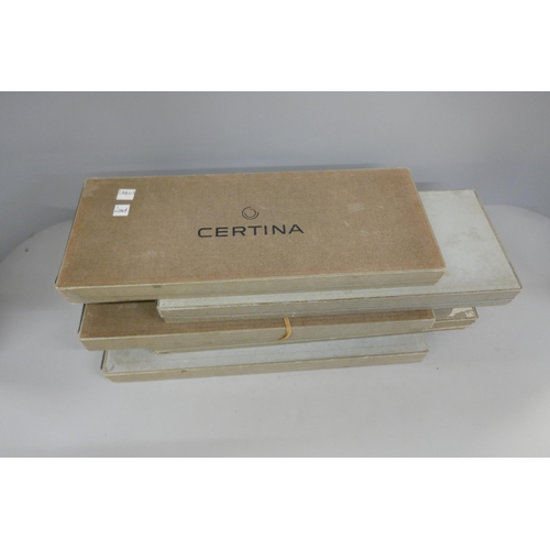 7312 - Five vintage Certina watch boxes containing various Landeron & Venus chronograph watch parts