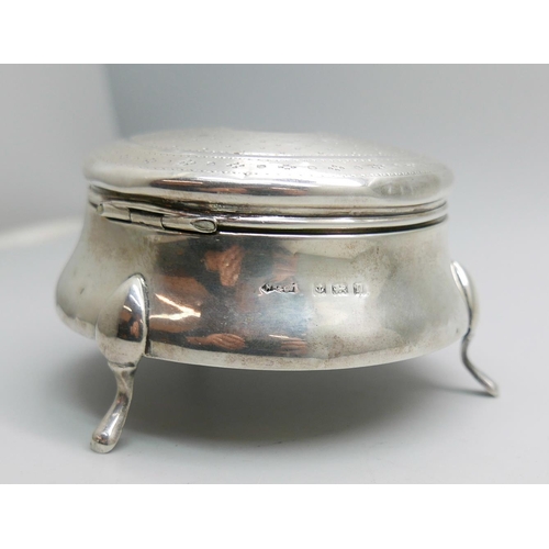 7333 - A silver jewellery box, Birmingham 1912, 72g with liner