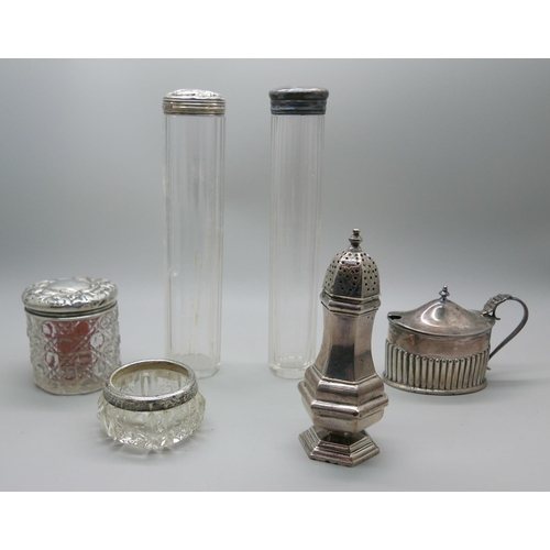 7343 - A silver pepper and mustard and five silver mounted glass items, 152g