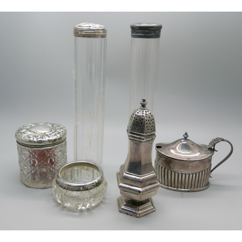 7343 - A silver pepper and mustard and five silver mounted glass items, 152g