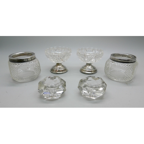 7353 - A pair of silver mounted cut glass salts and two other pairs