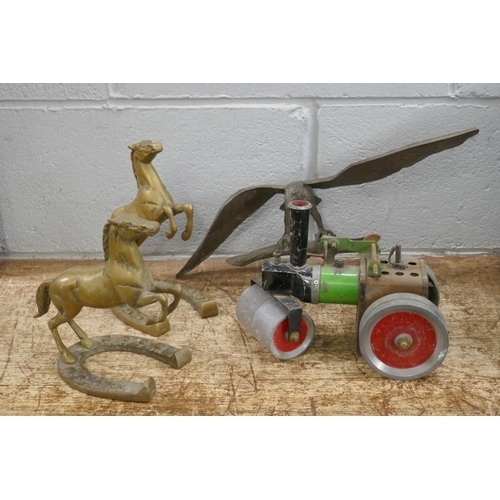 2245 - A Mamod Steam roller, a/f, brass eagle and a pair of brass horses **PLEASE NOTE THIS LOT IS NOT ELIG... 