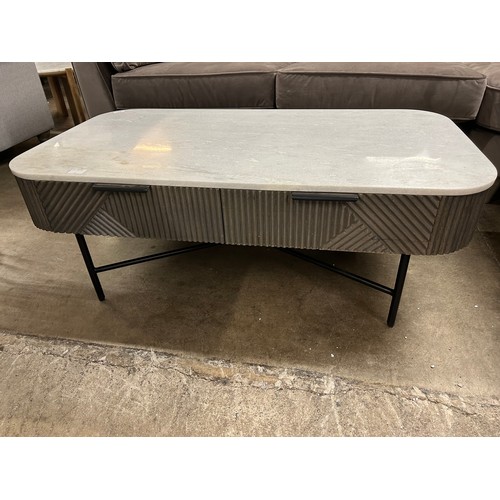 3067 - A fluted mango wood and marble coffee table * This lot is subject to Vat