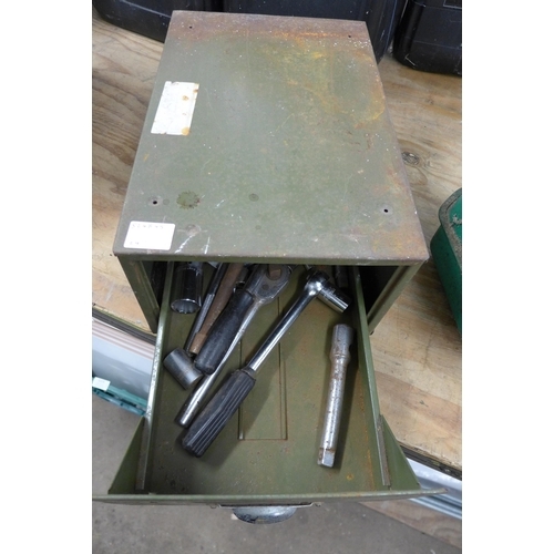 5351 - 2 vintage metal petrol cans and a single drawer steel cabinet including assorted sockets and socket ... 