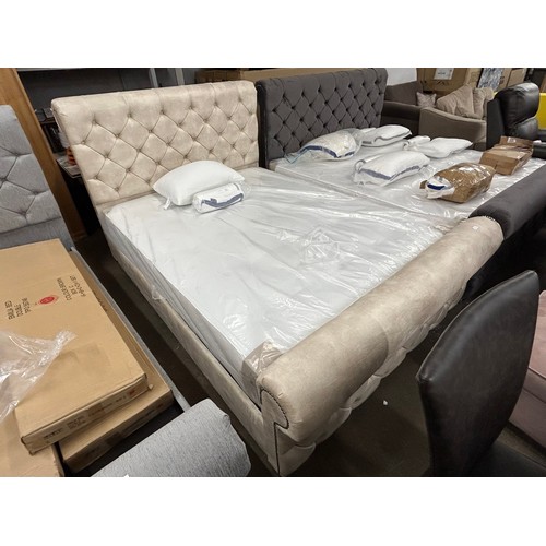 3177 - A champagne velvet Button back king size bed Frame