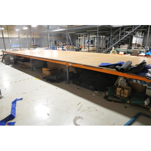 8003 - A very large work 10.4m x 3m sectional table assembled from cut-down racking sections - 80cm height.... 