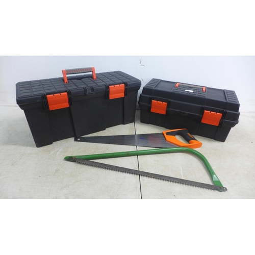 5004 - Two toolboxes including a Stanley knife, adjustable spanner, chisel, Workzone spirit level, tape, sc... 