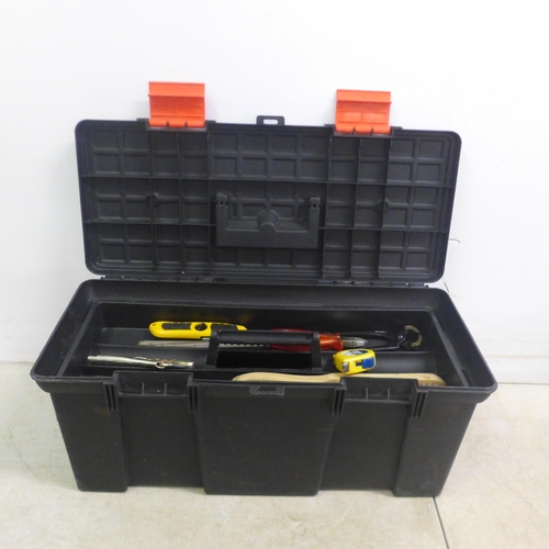 5004 - Two toolboxes including a Stanley knife, adjustable spanner, chisel, Workzone spirit level, tape, sc... 