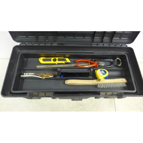 5004 - Two toolboxes including a Stanley knife, adjustable spanner, chisel, Workzone spirit level, tape, sc... 