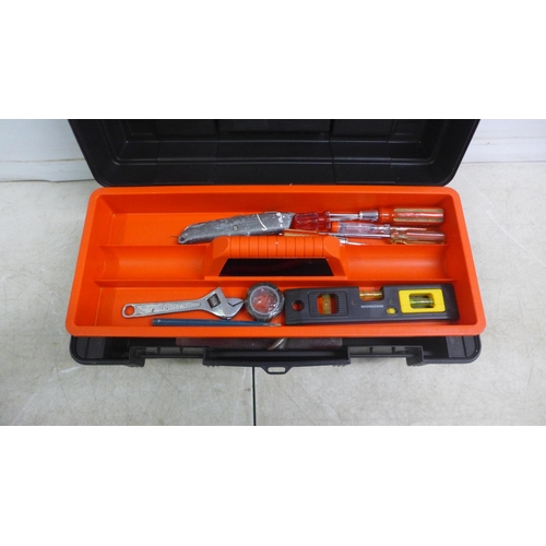 5004 - Two toolboxes including a Stanley knife, adjustable spanner, chisel, Workzone spirit level, tape, sc... 