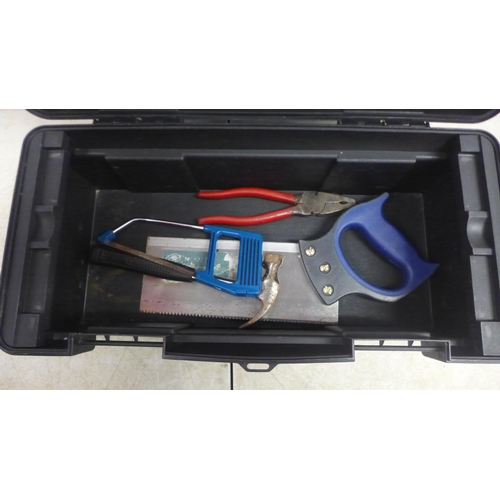 5004 - Two toolboxes including a Stanley knife, adjustable spanner, chisel, Workzone spirit level, tape, sc... 