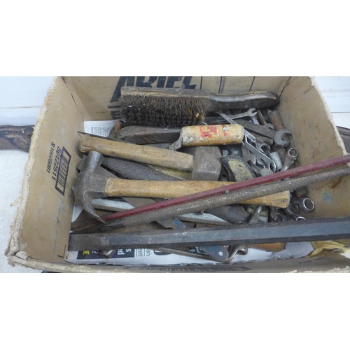 5016 - A box of tools including hammers, wrenches, brushes, sickles, etc.