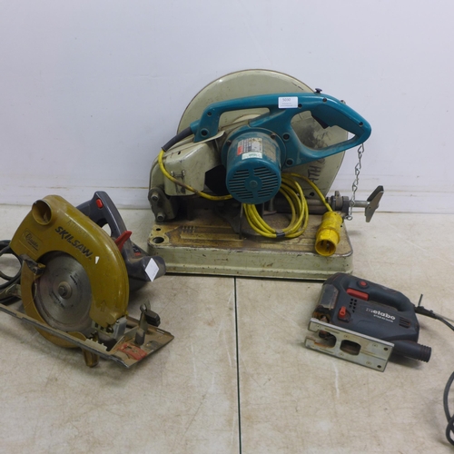 5030 - Three 110v power tools including a Skilsaw 5466 190mm power saw, a Metabo STEB65 jigsaw and a Makita... 