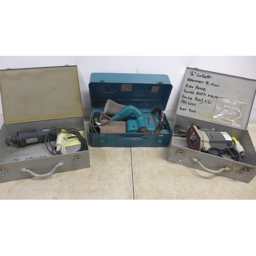 5036 - Three 110v power tools including a Makita 9741 wheel sander an ELU MOF96E 110v router and a Bosch GG... 