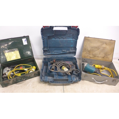 5037 - Three 110v power tools including a Bosch Professional GBH 2-18RE SDS hammer drill in a case, a Metab... 