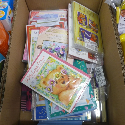 5043 - 3 Boxes of miscellaneous items including Mother's day cards, Father's day cards, a watermelon dog co... 