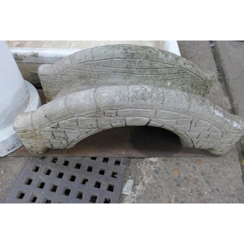 5132 - A quantity of assorted garden stoneware including goose, chimney pot and bridge plus a Belfast sink ... 