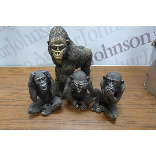 5144 - A quantity of household ornaments and decorations including the Three Wise Monkeys, a Gorilla, Rock ... 