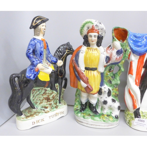 2005 - Five Staffordshire flatback figures, two with spill holders, including Dick Turpin and one reading '... 