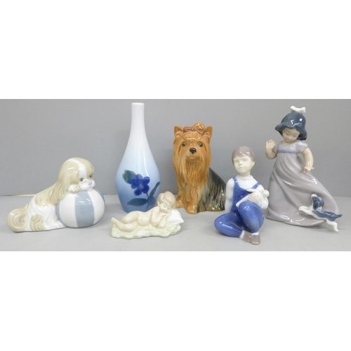 2014 - A Lladro figure, child sleeping, a Bing & Grondahl figure and vase, a Sylvac dog, etc.