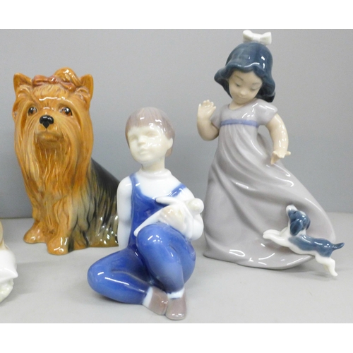 2014 - A Lladro figure, child sleeping, a Bing & Grondahl figure and vase, a Sylvac dog, etc.