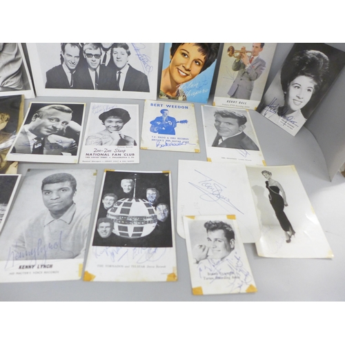 2018 - Autographed photographs, twenty-one including Del Shannon, Tornados, etc., (Tom Jones unsigned)