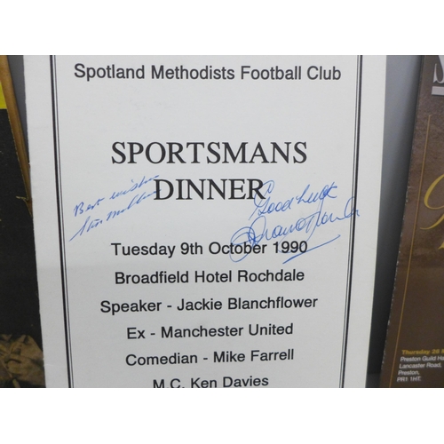 2019 - A Football autographed menu including signatures by Tom Finney, Gordon Banks, Roger Hunt and others,... 