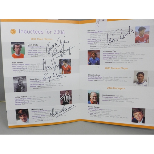 2020 - A Hall of Fame autographed menu football dated 2006, including Roger Hunt, Alan Ball, Bobby Charlton... 