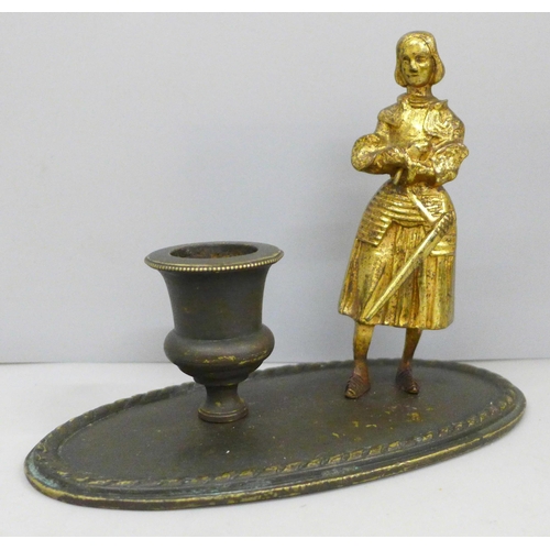 2029 - A circa 1880 'So to Bed' bronze taper/candle holder, 15cm, a/f