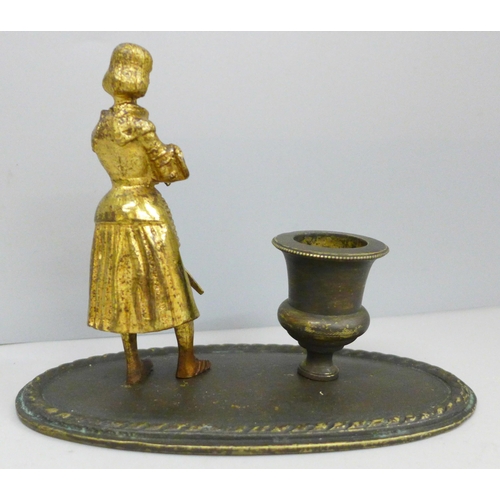 2029 - A circa 1880 'So to Bed' bronze taper/candle holder, 15cm, a/f