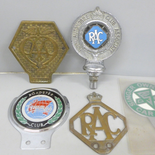 2038 - Three car club grill badges - RAC, AA and RAC and Triumph Roadster Club and Singer owners club and a... 