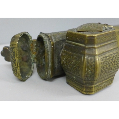 2046 - An Ottoman travelling scribe, brass inkwell and quill holder (8