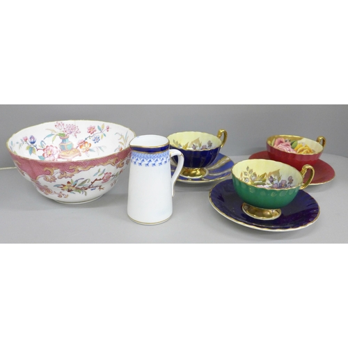 2064 - A M&K English Porcelain bowl, a/f, two hairline cracks, three Aynsley cabinet cups and two saucers, ... 