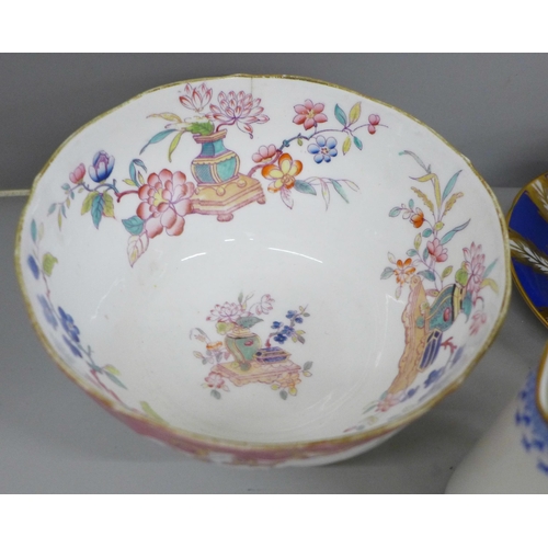 2064 - A M&K English Porcelain bowl, a/f, two hairline cracks, three Aynsley cabinet cups and two saucers, ... 